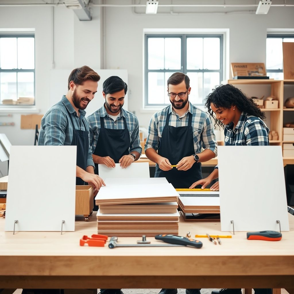Team collaboration in a cabinetry workshop
